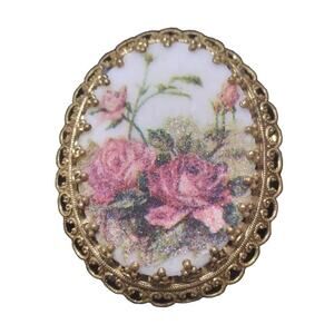 Jewelry Vintage Brooch Germany Mid Century Pink Roses Oval Prong Pin